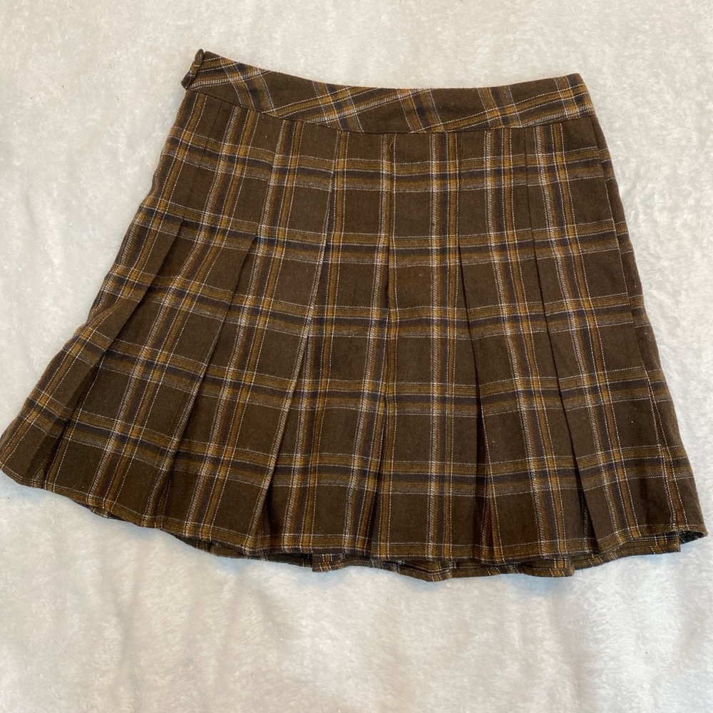 SHEIN Brown Plaid Pleated Skater Skirt